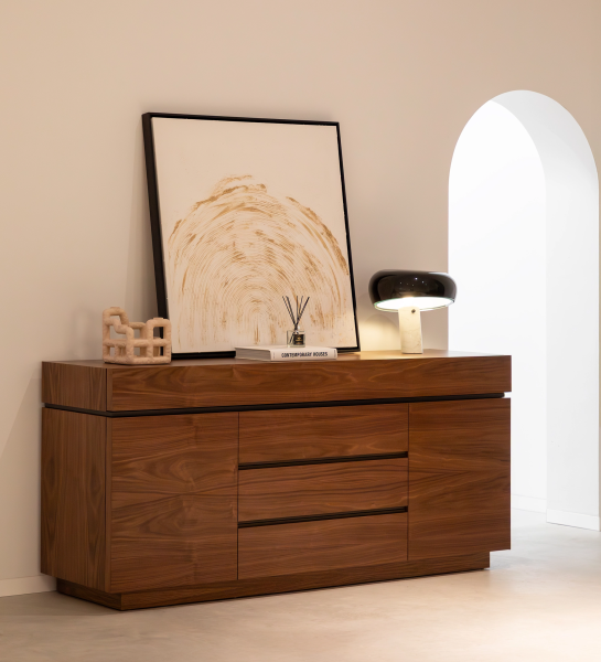 Nice Sideboard walnut finish with framed artwork, lamp and accessories