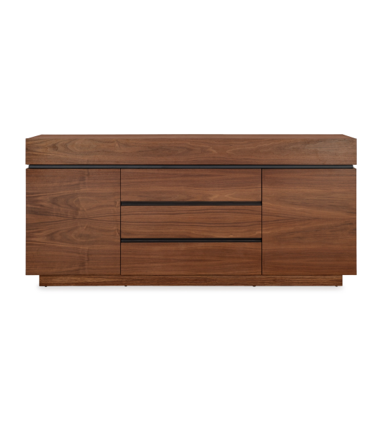 Sideboard with doors, drawers and structure in natural walnut, black details and a cutlery drawer.