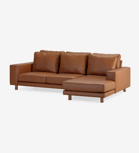 Canapé Dallas en cuir marron avec chaise longue à droite
