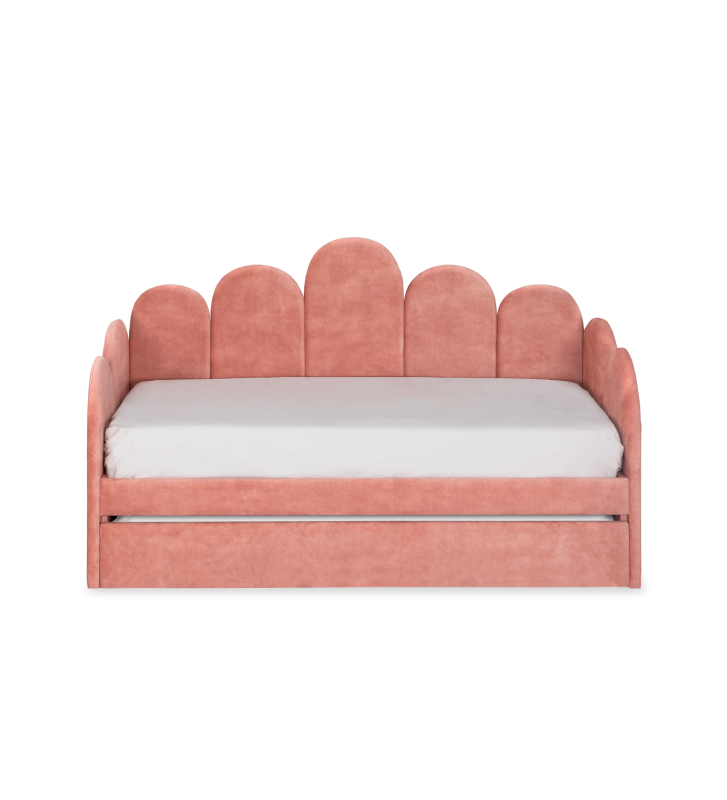 Divan Bed with upholstered frame and front in pink fabric, featuring a bed in the lower drawer.