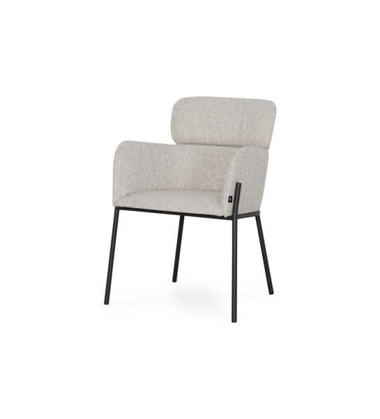 Chair with armrest upholstered in grey  fabric, with black lacquered metallic structure.