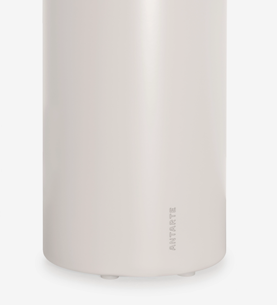 Paris Side Table close-up of cylindrical beige base with Antarte embossing