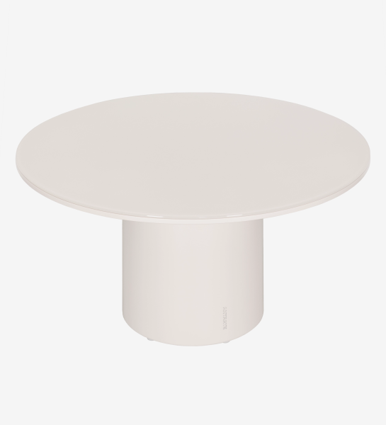 Paris Center Table, round glossy off-white top with cylindrical pedestal base