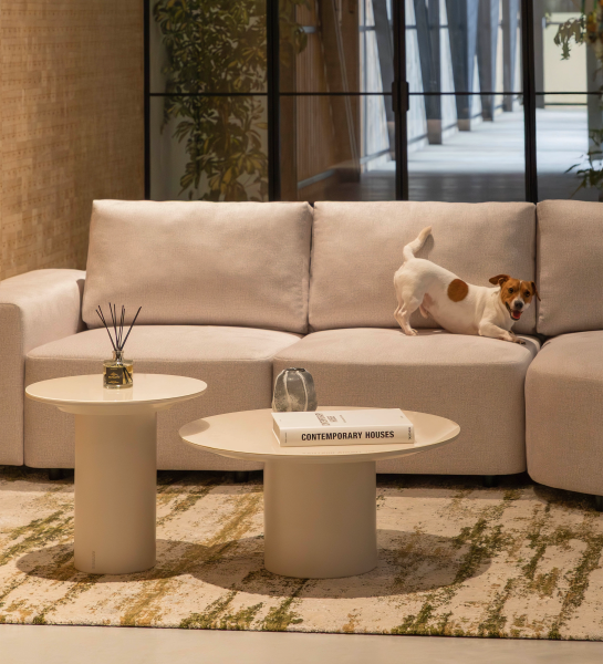 Paris Side Table pair with beige cylindrical pedestals, book and reed diffuser