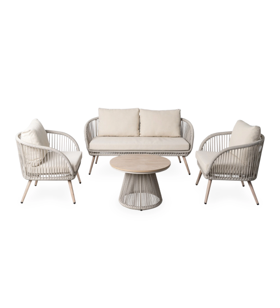 Outdoor set with a 2-seater sofa, two armchairs and a coffee table.