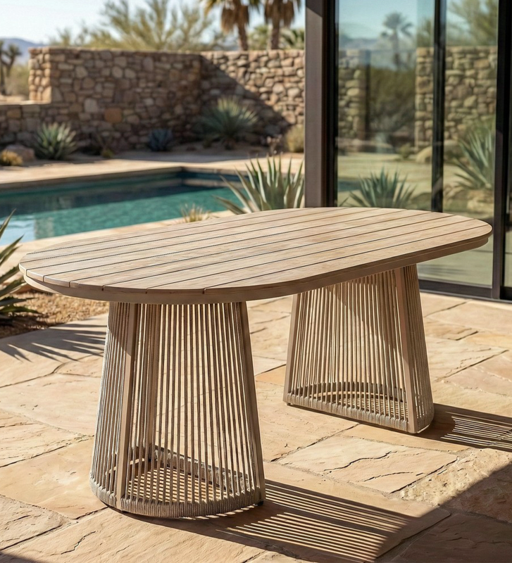 Table à manger ovale, 180 cm de longueur, en polywood et rotin.