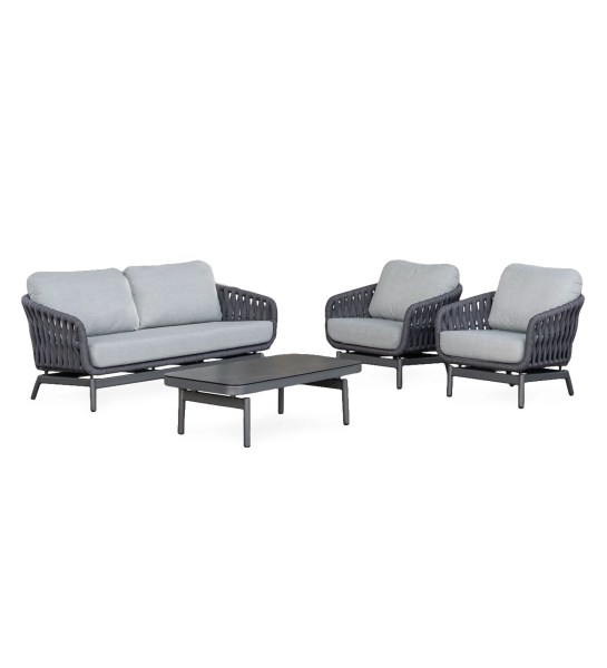Outdoor set in anthracite aluminium, grey polyester cushions and ceramic glass table top. Backrest and sides woven in anthracite textilene.