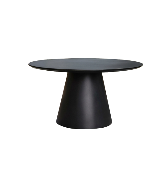 Table à manger ronde de 140 cm, en aluminium anthracite avec plateau en céramique finition imitation pierre grise.