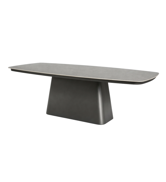 Table à manger rectangulaire de 220 cm, en aluminium anthracite avec plateau en céramique finition imitation marbre anthracite.