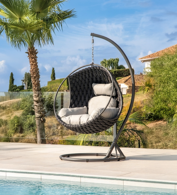Swing armchair in anthracite aluminium with Olefin upholstery and woven rope seat.