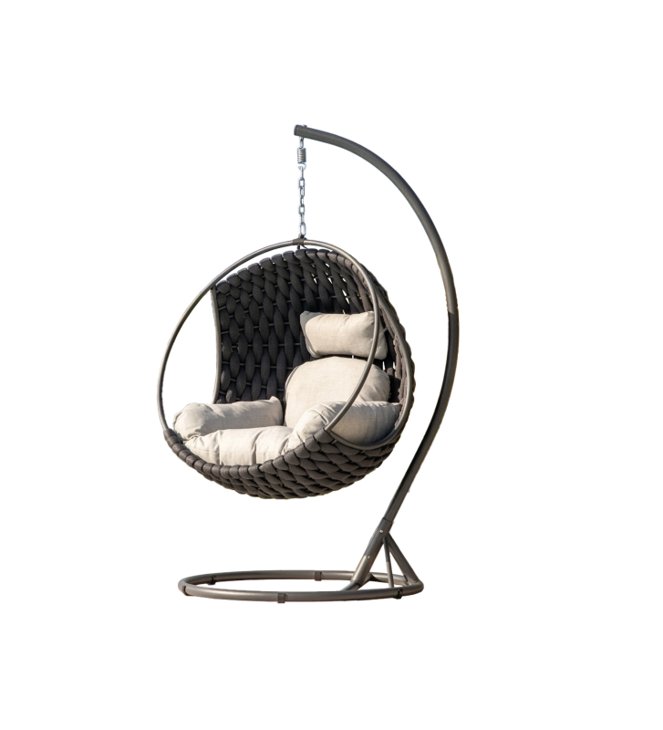 Swing armchair in anthracite aluminium with Olefin upholstery and woven rope seat.