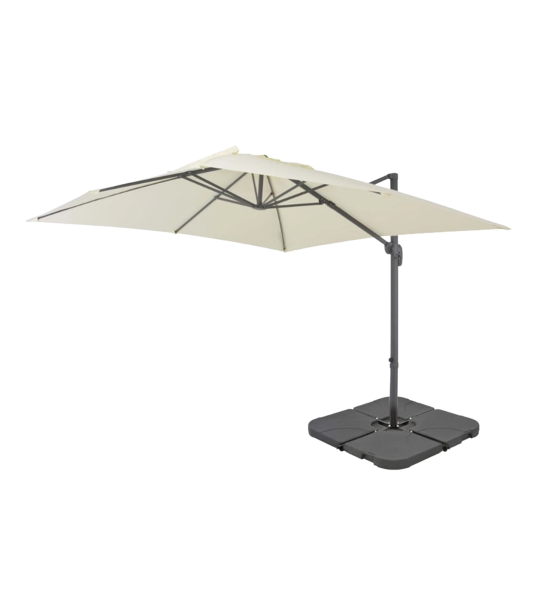 Parasol de 300×400 cm en aluminium de 35 mm, toile en polyester beige  180 g et système d’ouverture à manivelle. 