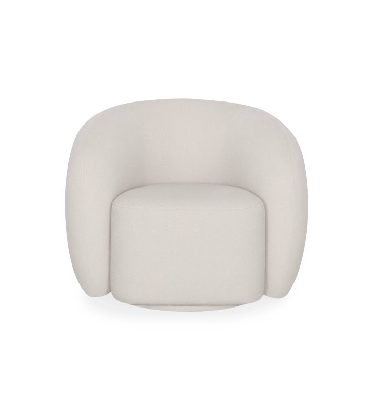 Fauteuil avec base pivotante, entièrement revêtu de tissu couleur perle.