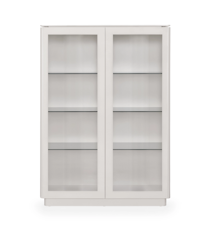 Vitrine com 2 portas em vidro pérola, pormenor de porta e estrutura lacado a pérola.