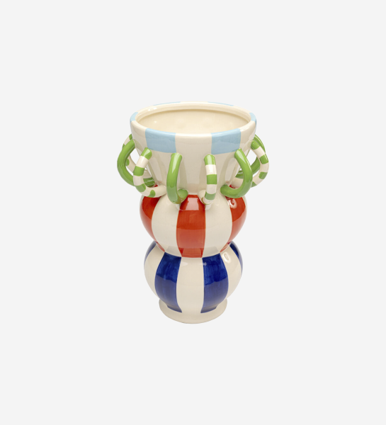Jarrón Harlequin con asas verdes y franjas verticales rojas y azules
