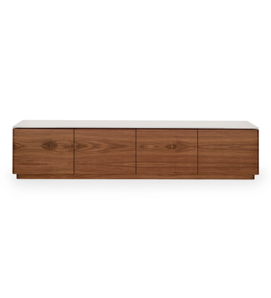 Geneve TV unit with 4 doors, natural walnut structure, and pearl glass top.