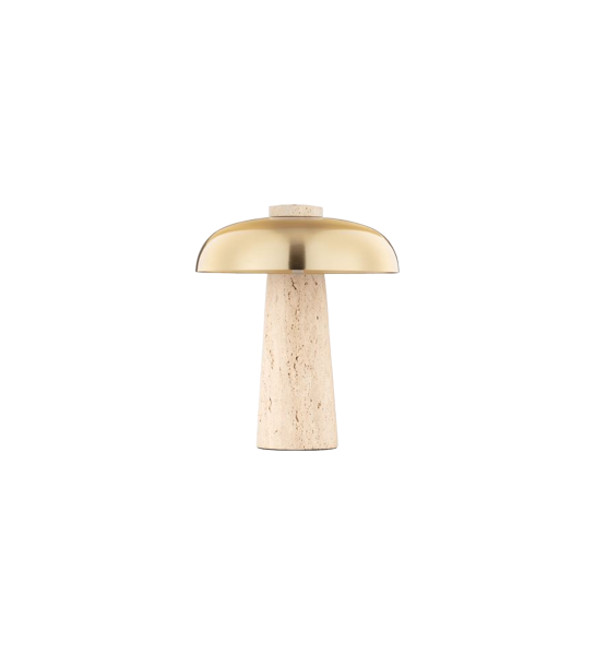 Table lamp in golden brass and travertine.