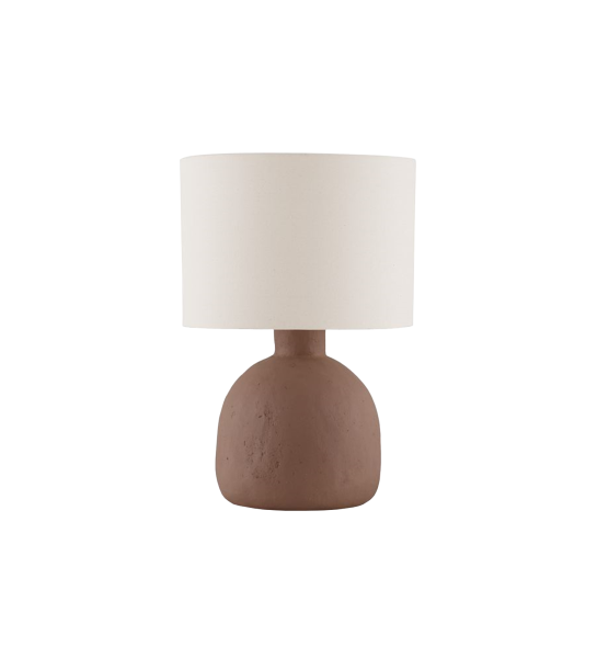 Candeeiro de Mesa com abajur em papel machê e tecido na cor taupe.