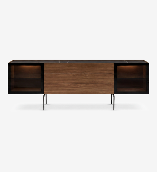 Lagos sideboard in walnut with two glass display cabinets, three central drawers, black legs