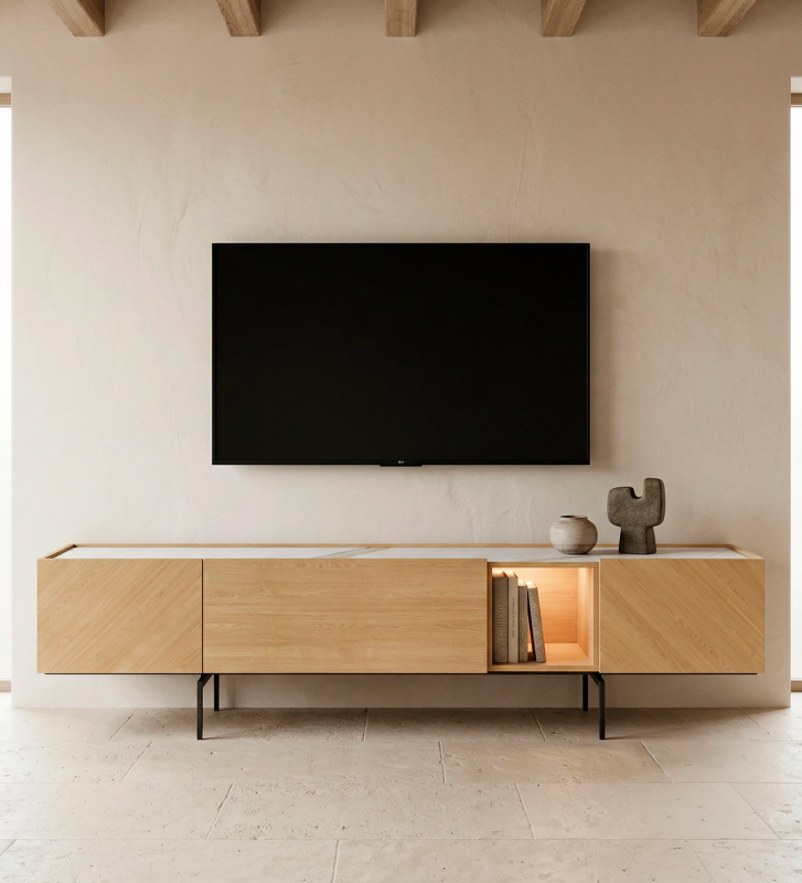 Móvel TV com 3 portas e 1 basculante em carvalho cor natural, iluminação interior, tampo em laminado mármore calacatta gold e pés metálicos lacados a negro