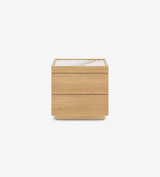 Lagos Bedside Table in light oak with three drawers and white veined marble top