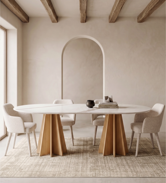 Mesa de Jantar Lagos oval com tampo branco e pés triangulares em madeira