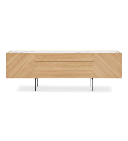 Sideboard with 2 doors and 3 drawers in natural oak, Calacatta Gold marble laminate top and black lacquered metal legs