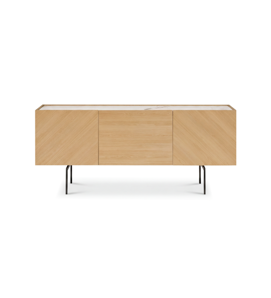Sideboard with 3 doors in natural oak, top in Calacatta Gold marble laminate and black lacquered metal legs