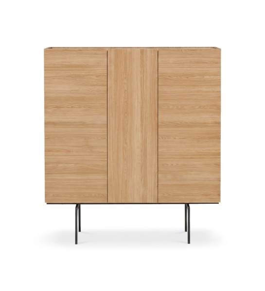 Cupboard with 3 doors in natural oak, Calacatta Gold marble-effect laminate top, and black lacquered metal legs