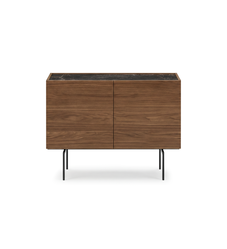 Sapateira com 2 portas em nogueira e tampo em laminado mármore port laurent e pés metálicos lacados a negro