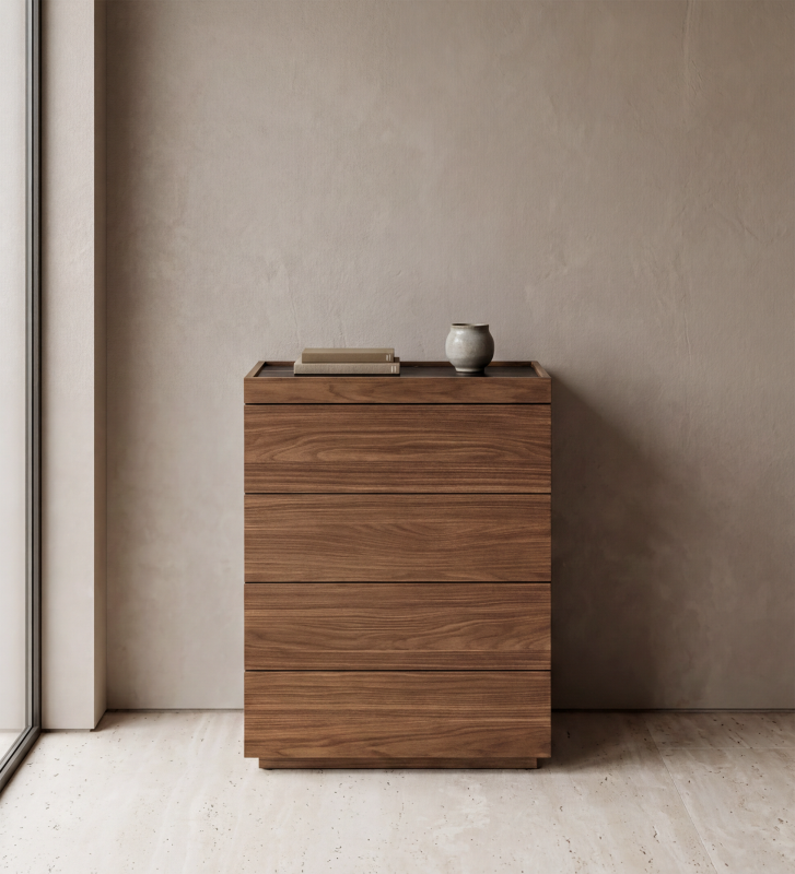 Camiseiro com 4 gavetas em nogueira e tampo em laminado mármore Port Laurent.