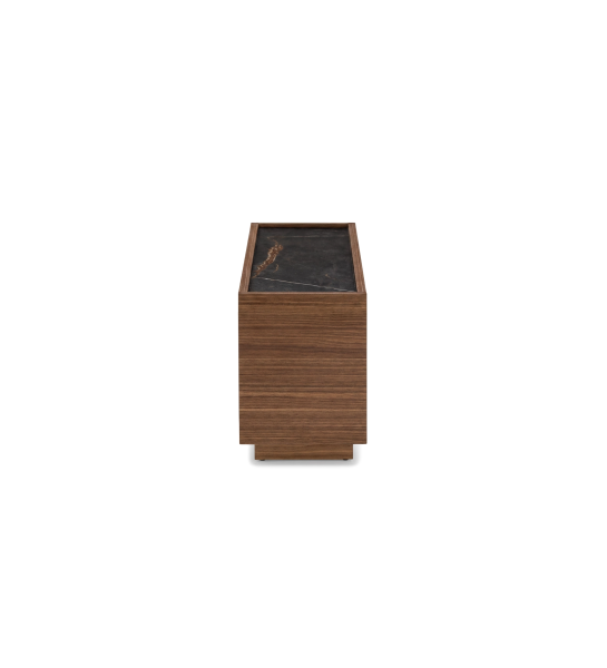 Sofa side cabinet with 2 doors in walnut and Port Laurent marble laminate top