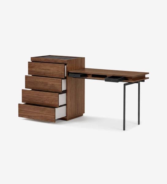 Chiffonnier en noyer avec coiffeuse dépliable, tiroirs ouverts et pieds métalliques noirs