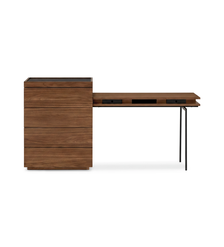 Camiseiro com 4 gavetas e tampo em laminado mármore port laurent com Toucador em nogueira e pé metálico lacado a negro