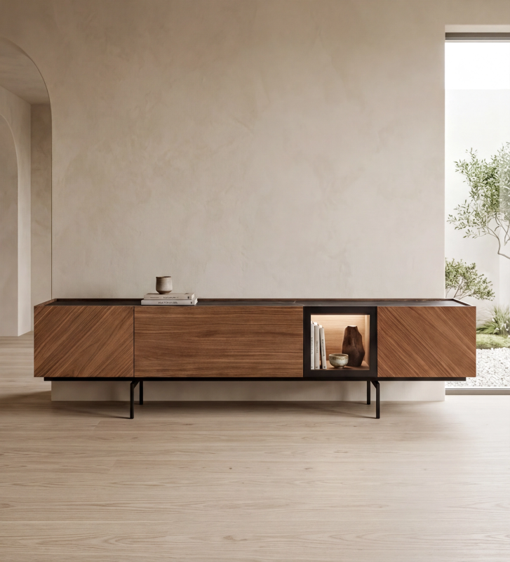 Móvel TV com 4 portas, 1 basculante e 1 de vidro, em nogueira com iluminação interior, tampo em laminado mármore port laurent e pés metálicos lacados a negro