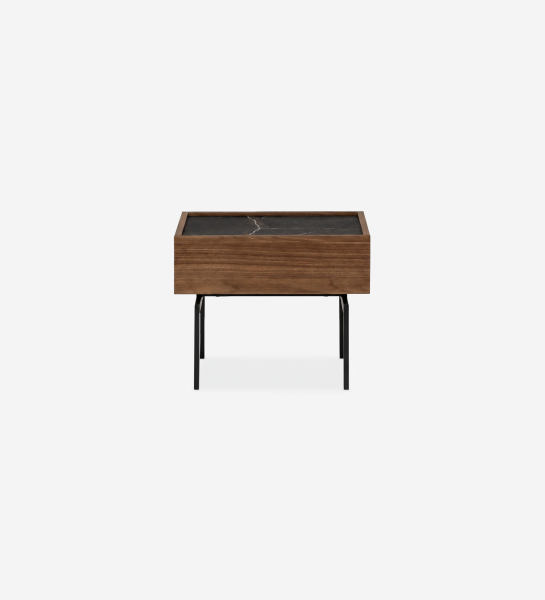 Lagos Bedside Table with walnut drawer, black marble top and slim black metal legs