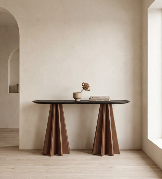 Console Lagos en bois foncé à plateau ovale sur deux pieds sculptés