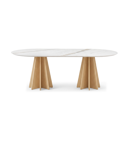 Mesa de Comedor Lagos con patas en roble color natural y tapa en laminado mármol Calacatta Gold