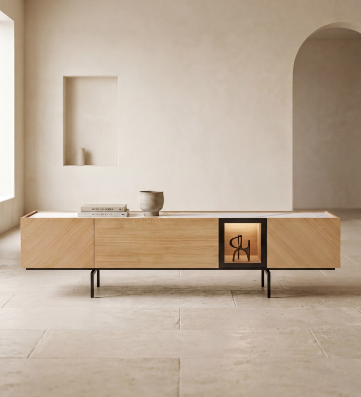 Móvel TV com 4 portas, 1 basculante e 1 de vidro, em carvalho natural com iluminação interior, tampo em laminado mármore port laurent e pés metálicos lacados a negro
