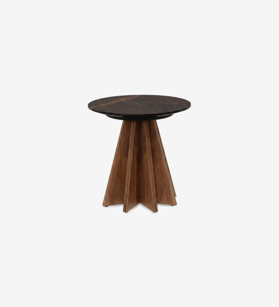 Table d'Appui Lagos ronde, plateau marbre foncé et piètement en bois en étoile