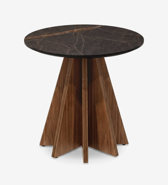 Table d'Appui Lagos, plateau rond en marbre brun veiné et piètement étoilé en bois