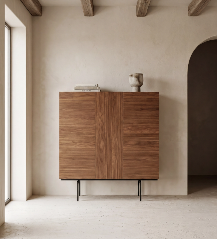 Cupboard with 3 doors in natural walnut, Port Laurent marble-effect laminate top, and black lacquered metal legs