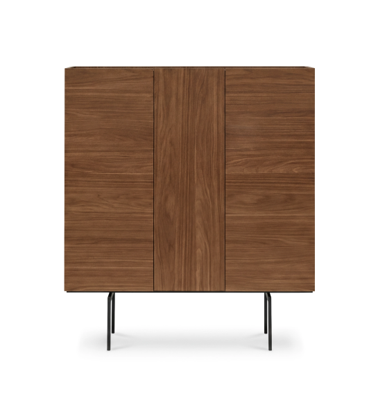 Cupboard with 3 doors in natural walnut, Port Laurent marble-effect laminate top, and black lacquered metal legs