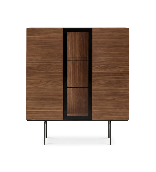 Vaisselier avec 3 portes en noyer couleur naturelle, plateau en stratifié effet marbre Port Laurent et pieds métalliques laqués noirs