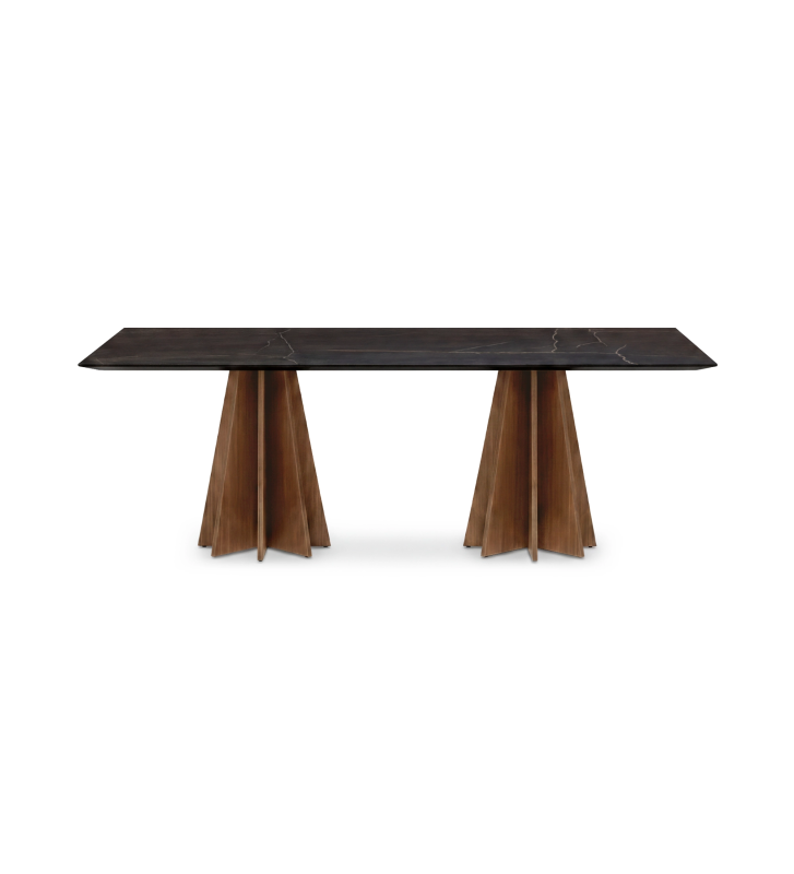 Lagos Dining Table with walnut legs and Port Laurent marble-effect laminate top