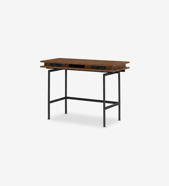 Coiffeuse Lagos en bois foncé avec tablette centrale, deux tiroirs et pieds métalliques noirs