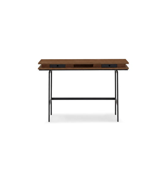 Secretária toucador em nogueira com 2 gavetas e pés metálicos lacados a negro.