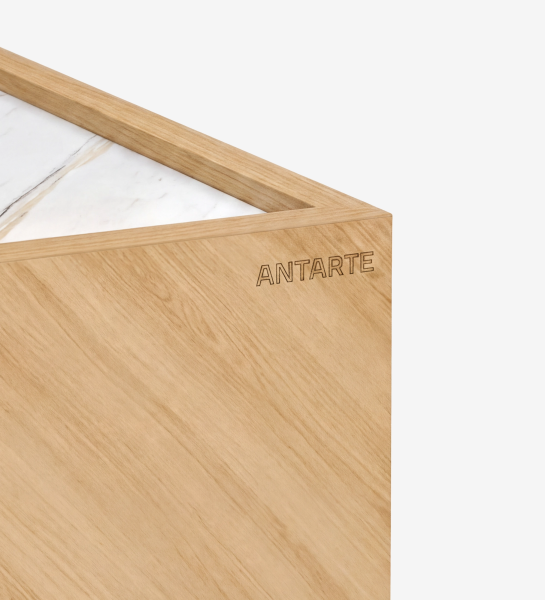 Lagos Sideboard close-up of oak corner with marble top and ANTARTE logo
