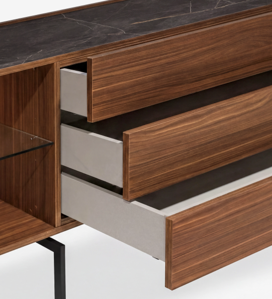Buffet Lagos en noyer avec plateau en marbre et tiroirs ouverts
