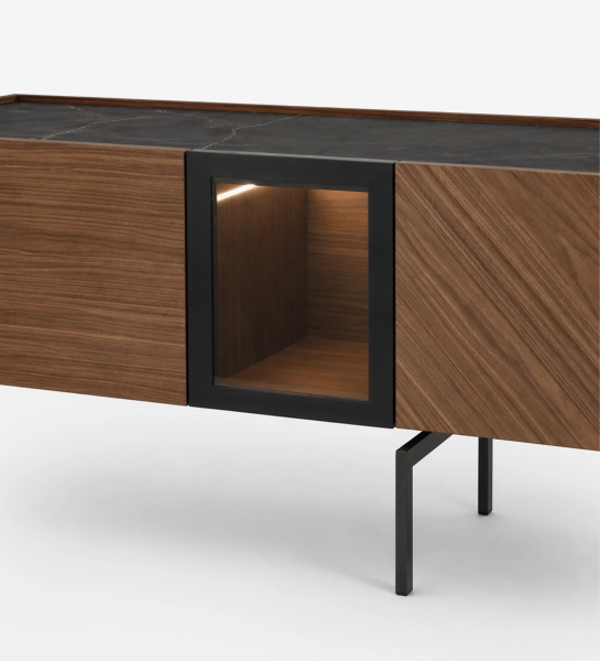 Mueble TV Lagos de madera con vitrina de cristal, patas metálicas negras y tapa tipo mármol